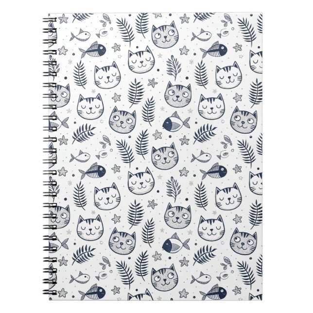 Minimalist Cat Face & Tropical Leaves Pattern Art Notebook (Front)
