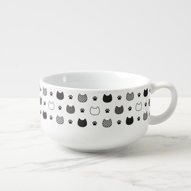 Minimalist Cat Faces & Paws Soup Mug (Left)