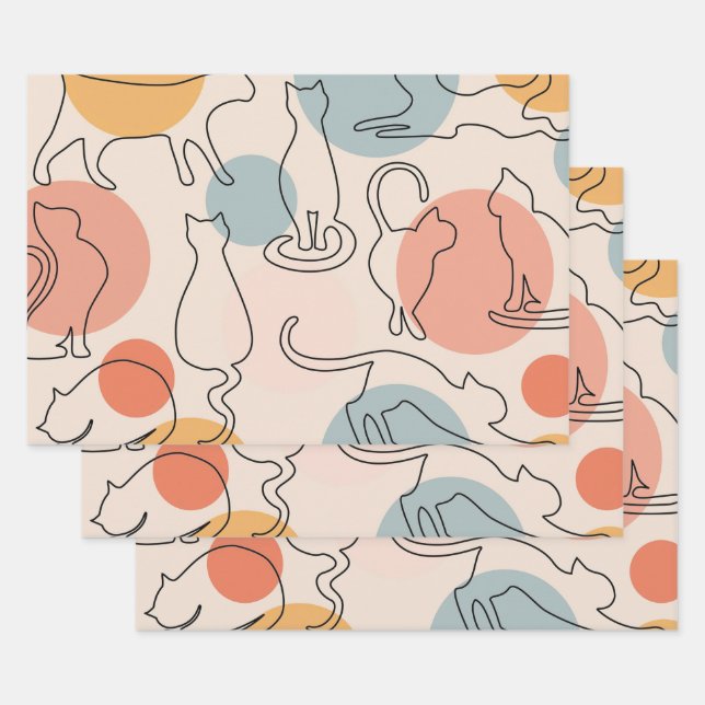 Minimalist Cat Line Art Pattern Wrapping Paper Sheets (Set)