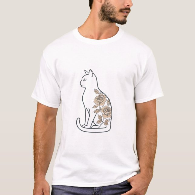 Minimalist Cat & Rose Line Art T-Shirt (Front)