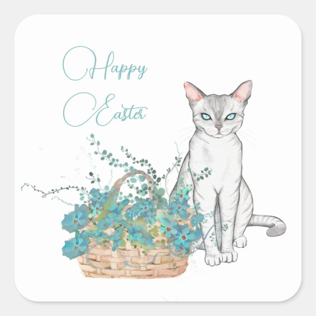 Minimalist Cat with Basket of Flowers Easter  Square Sticker (Front)