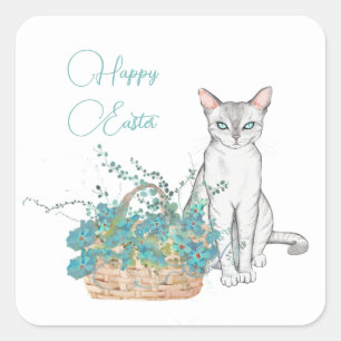 Minimalist Cat with Basket of Flowers Easter Square Sticker