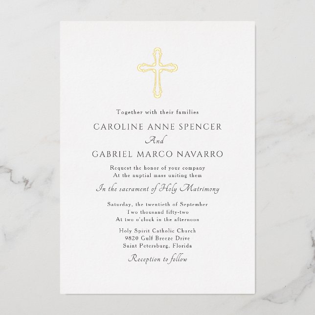 Minimalist Catholic Mass Wedding Foil Invitation (Front)