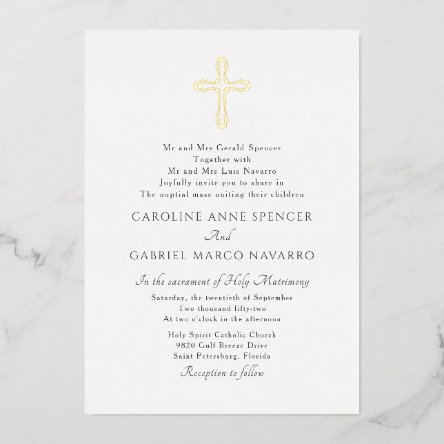 Minimalist Catholic Mass Wedding Foil Invitation (Front)