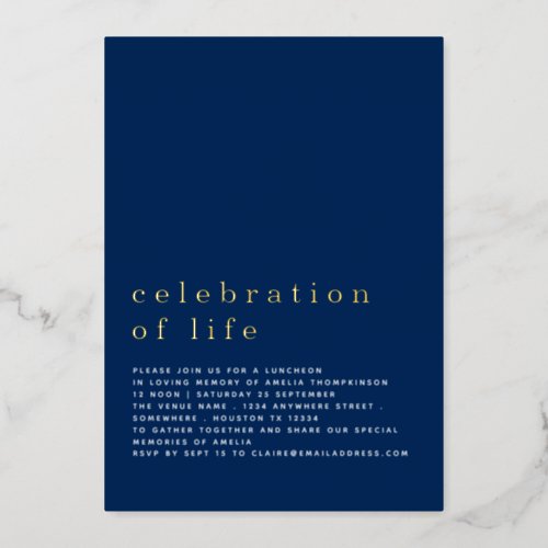 Minimalist Celebration Of Life Luncheon Navy Real Foil Invitation