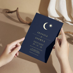 Minimalist Celestial Navy Star Moon Golden Foil  Invitation