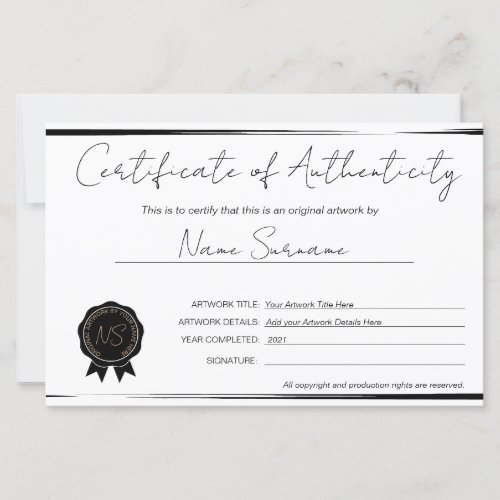 Minimalist  Certificate of Authenticity Artwork by