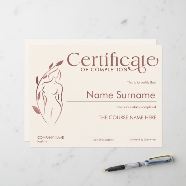 Minimalist Certificate of Completion Body Sculptin (Front/Back In Situ)