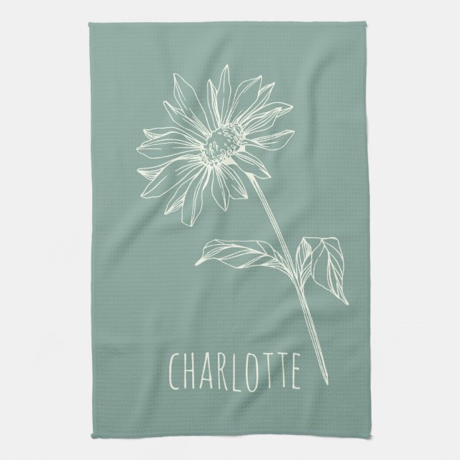 Minimalist Chamomile Flower Sage Green Name Kitchen Towel (Vertical)