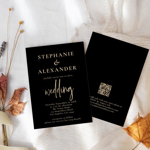 Minimalist Champagne Gold Black QR Code Wedding Invitation