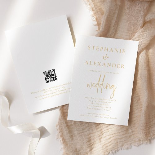 Minimalist Champagne Gold QR Code Wedding Invitation