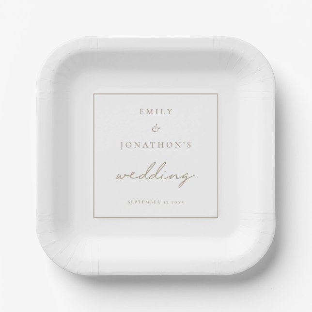  Minimalist Champagne Gold Script Wedding Paper Plates (Front)