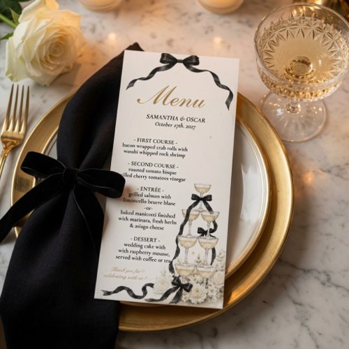 Minimalist Champagne Tower Wedding Menu | Elegant