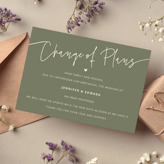 Minimalist Change Plans Wedding Update Sage Green Invitation (Creator Uploaded)
