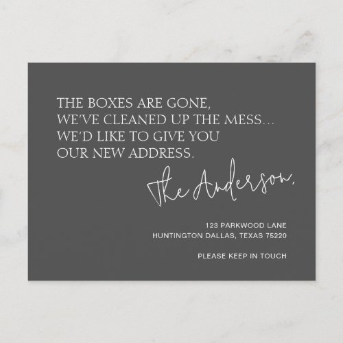 Minimalist Charcoal New Address Moving Announcement Postcard