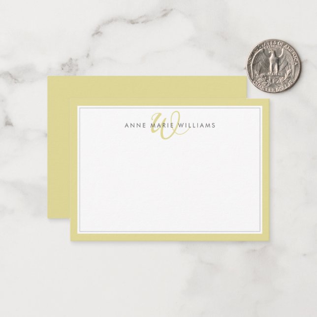 Minimalist Chartreuse Two Border Monogram Note Card (Front/Back In Situ)