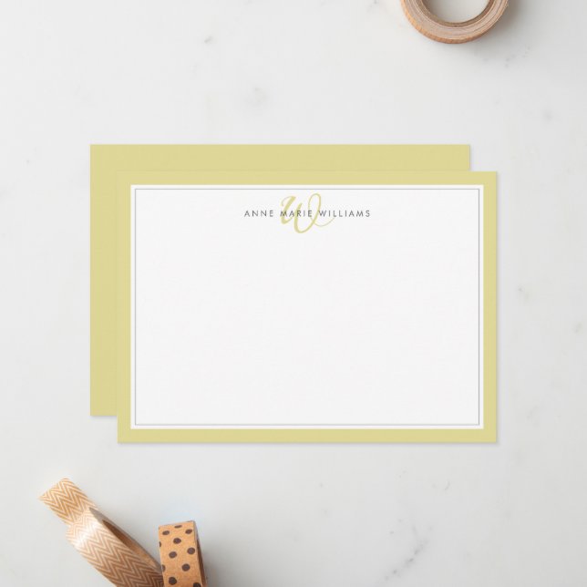 Minimalist Chartreuse Two Border Monogram Note Card (Front/Back In Situ)