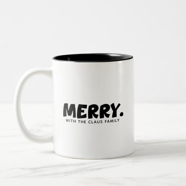 Minimalist Cheer: Personalized "MERRY." Statement Two-Tone Coffee Mug (Left)