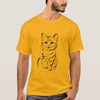 Minimalist Cheerful Cat Simple Line Art T-Shirt