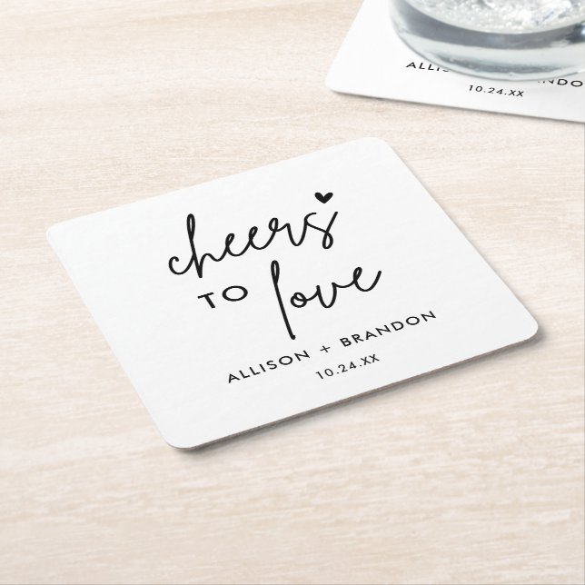 Minimalist Cheers To Love Personalized Wedding  Square Paper Coaster (Angled)