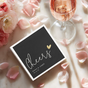 Minimalist “Cheers” Wedding Black Gold Heart Napkins