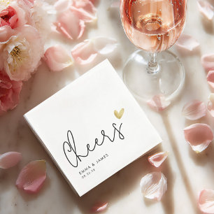 Minimalist “Cheers” Wedding Gold Heart Custom Name Napkins