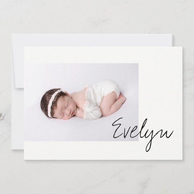 Minimalist Chic Baby Girl Name Script Photo Birth Announcement (Front)