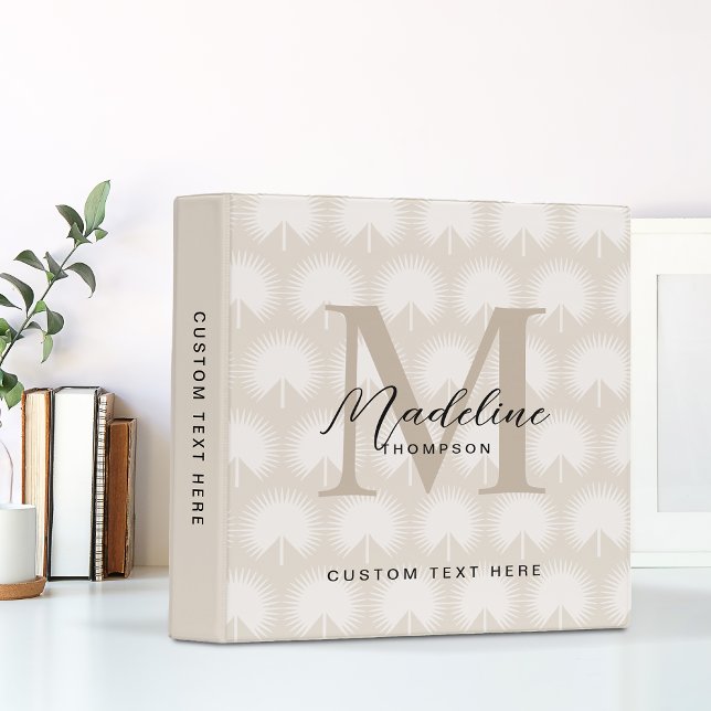Minimalist Chic Beige Anahaw Leaf Script Monogram 3 Ring Binder (Creator Uploaded)