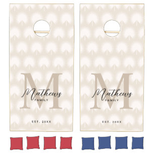 Minimalist Chic Beige Anahaw Leaf Script Monogram Cornhole Set