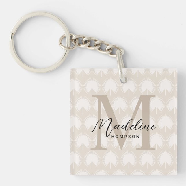 Minimalist Chic Beige Anahaw Leaf Script Monogram Keychain (Front)