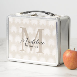 Minimalist Chic Beige Anahaw Leaf Script Monogram Metal Lunch Box