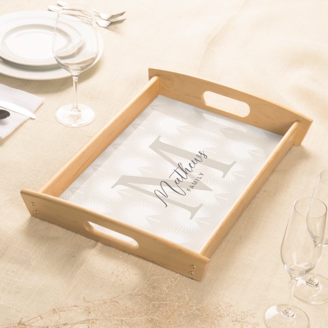 Minimalist Chic Beige Anahaw Leaf Script Monogram Serving Tray (Front)