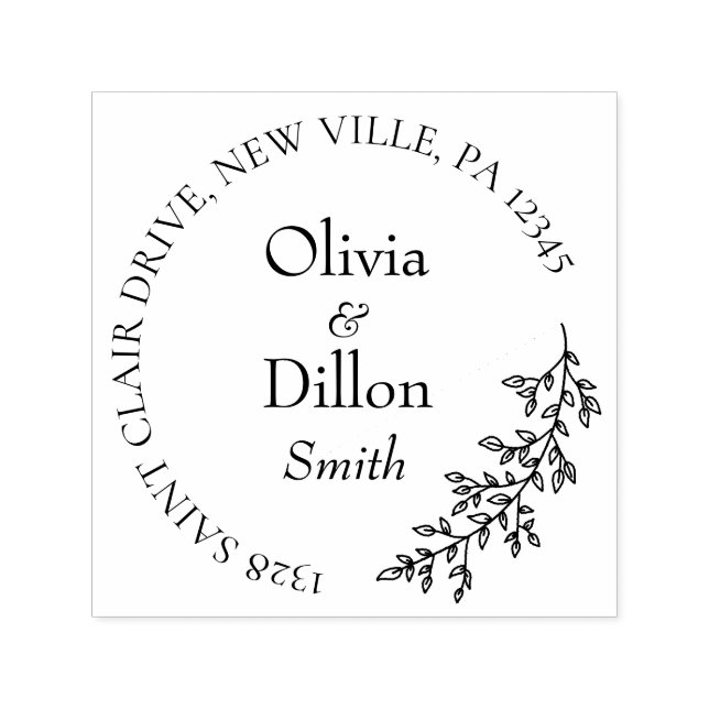 Minimalist Chic Black Leaf Wreath Script Wedding Self-inking Stamp (Design)