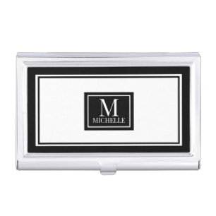 Minimalist Chic Black Monogram Double Boarder Business Card Case