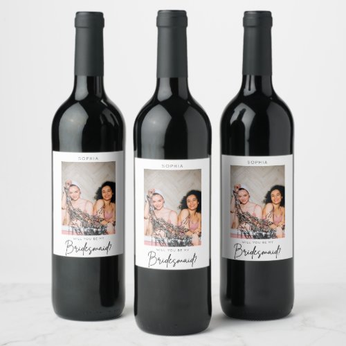 Minimalist Chic Black Photo Bridesmaid Proposal Wine Label