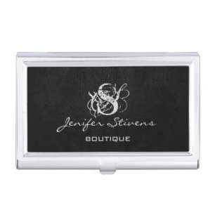 Minimalist chic elegant black leather monogram case for business cards
