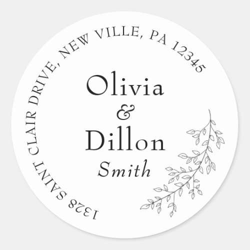 Minimalist Chic Leaf Branch Black Script Wedding Classic Round Sticker