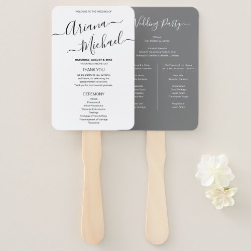 Minimalist Chic Mod Grey and White Wedding Program Hand Fan