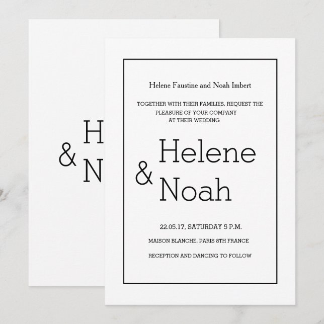 Minimalist chic modern black white simple wedding invitation (Front/Back)