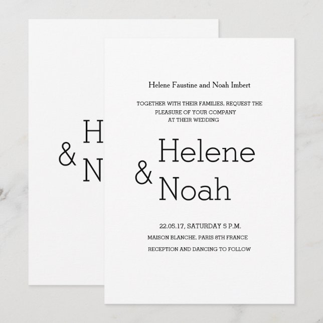 Minimalist chic modern black white simple wedding invitation (Front/Back)