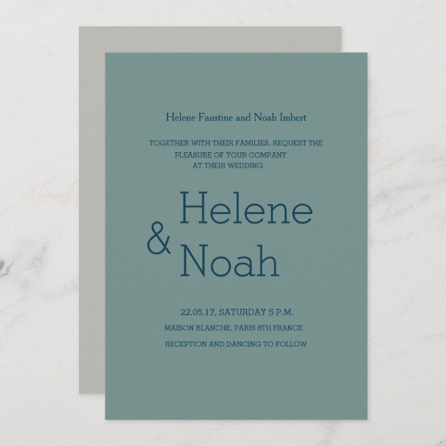 Minimalist chic modern blue gray green wedding invitation (Front/Back)