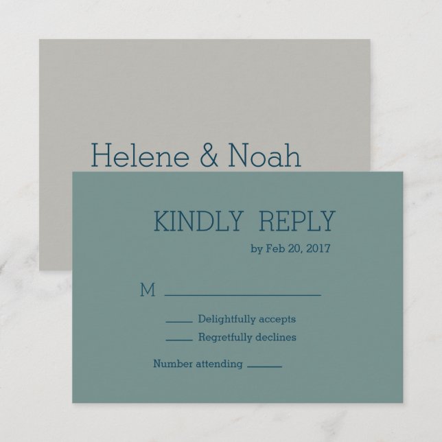 Minimalist chic modern blue green wedding rsvp invitation (Front/Back)