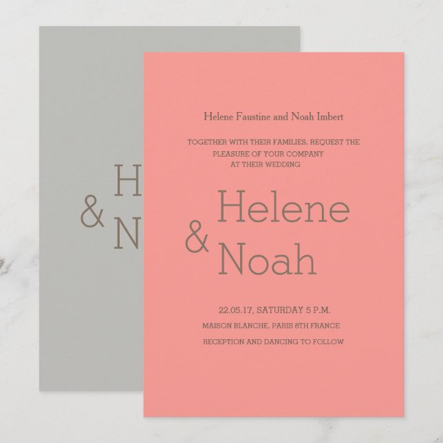 Minimalist chic modern coral gray simple wedding invitation (Front/Back)