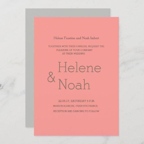 Minimalist chic modern coral gray simple wedding invitation