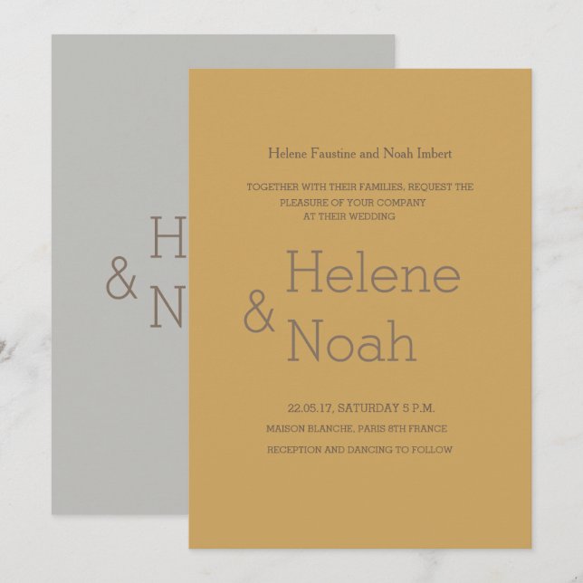 Minimalist chic modern mustard gray simple wedding invitation (Front/Back)