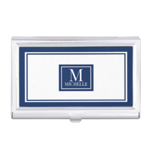 Minimalist Chic Navy Monogram Double Boarder Business Card Case