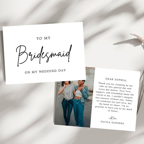 Minimalist Chic Photo To My Bridesmaid Wedding Day Thank You Card