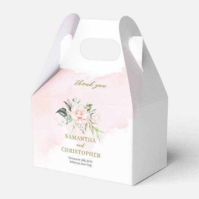 Minimalist chic pink roses eucalyptus gold wedding favor boxes (Front Side)