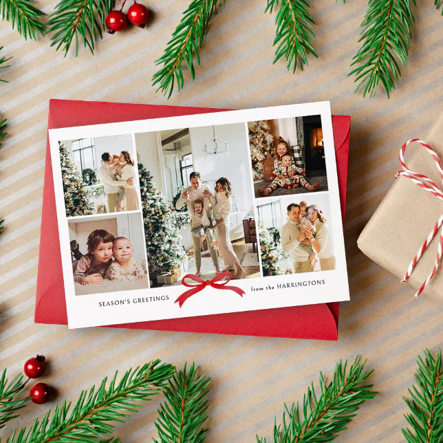 Minimalist Chic Red Bow Photo Collage Holiday Card
