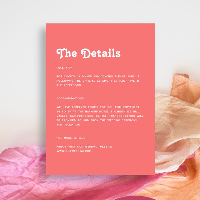 Minimalist Chic Retro Coral Pink Wedding Details Enclosure Card (Creator Uploaded)